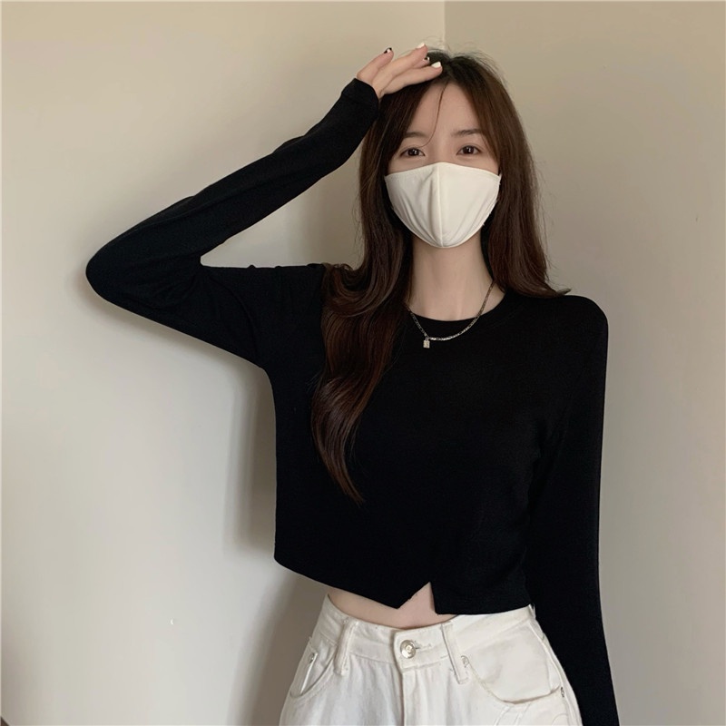 IELGY    Áo Thun Tay Dài Dáng Ngắn Lệch Tà Thời Trang Cho Nữ