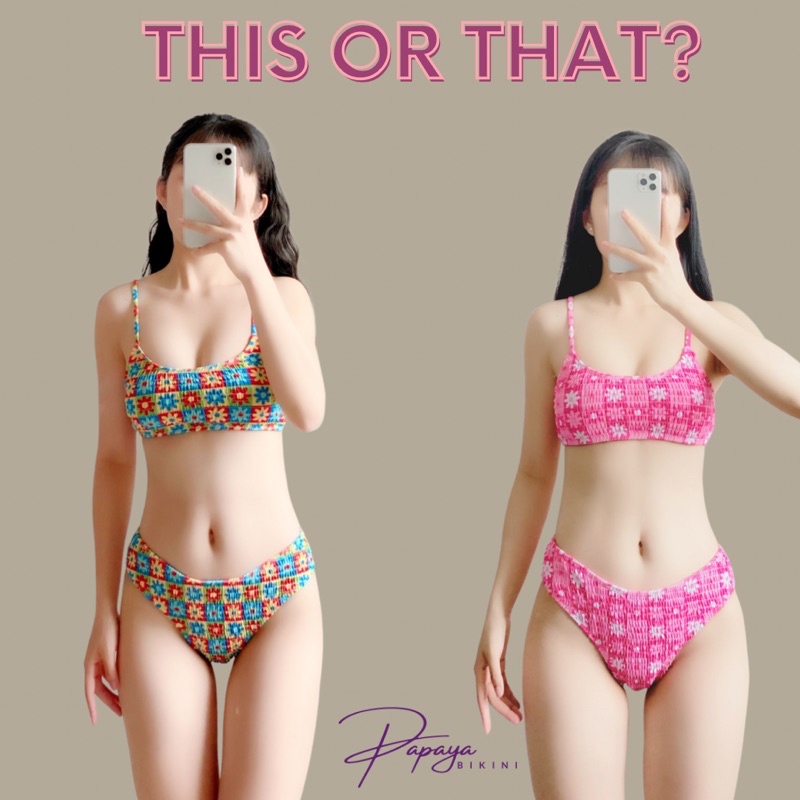 Set bikini hai mảnh  kín đáo dễ thương họa tiết hoa kẻ ô