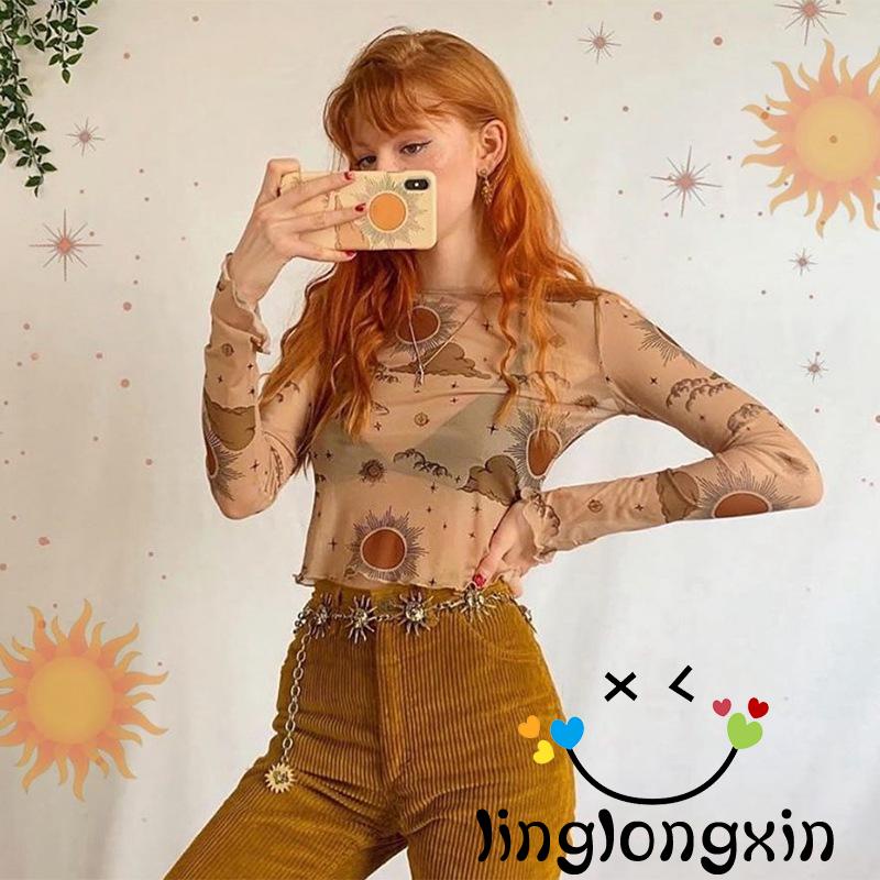 Áo Lưới Crop Top Tay Dài Cổ Tròn Xuyên Thấu Thời Trang Mùa Hè Cho Nữ ZXY68