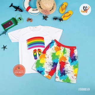 Bộ áo Quần đi biển cây dừa Mẫu DÉP CẦU VỒNG dễ thương vải cotton mềm mịn thoáng mát phù hợp đi biển