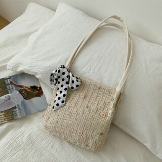 Túi Cói Đi Biển Hè Phối Ren- Dây đeo bằng Da (CAM KẾT GIỐNG ẢNH THẬT)