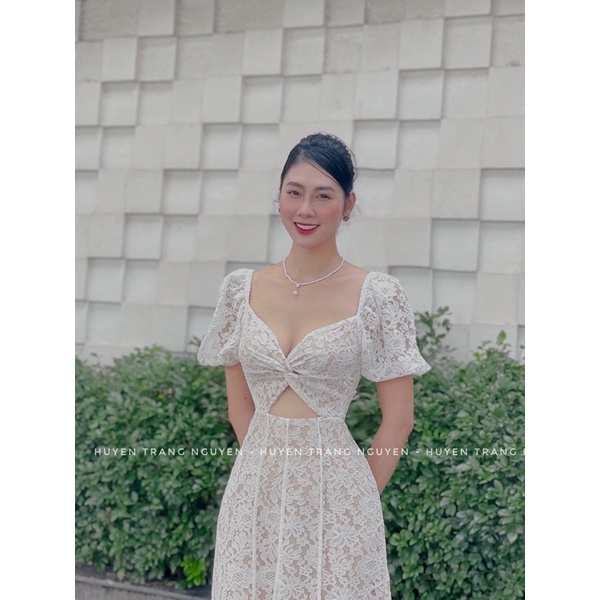 ĐẦM MIDI TRẮNG CUT OUT BỤNG XOĂN REN HOA