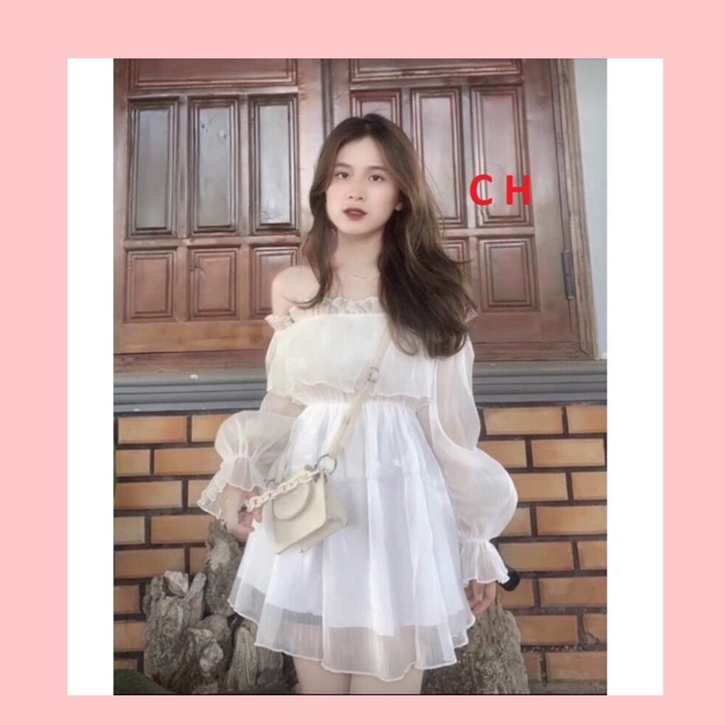 Váy Trễ Vai Bánh Bèo Tay bồng🎀 Đầm Dự Tiệc rớt Vai Màu Trắng🎀Áo lệch vai dài tay tiểu thư 2 lớp vintage