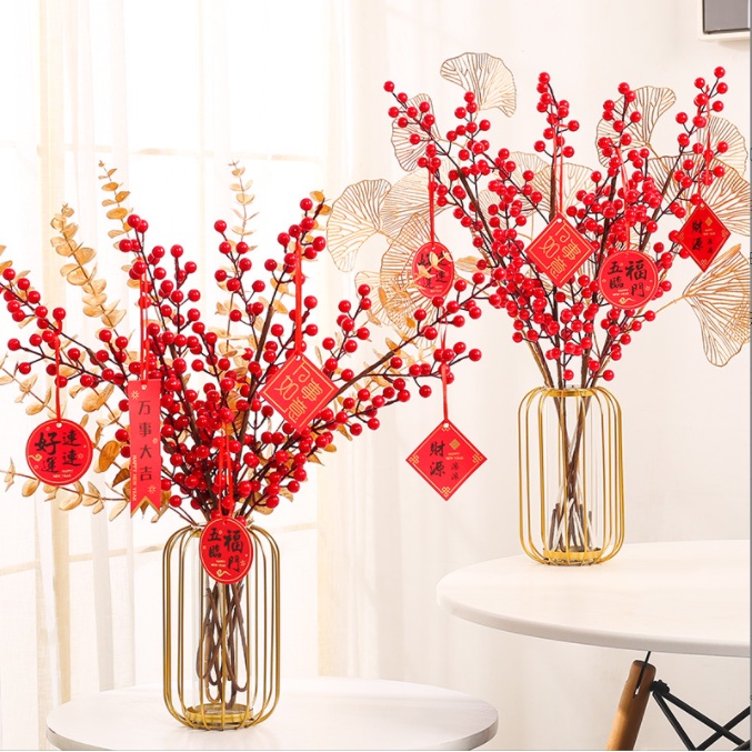 Set 5 Cành Đào Đông Đỏ To Đẹp Decor Trang Trí Cành Táo Vàng Rẻ Quạt