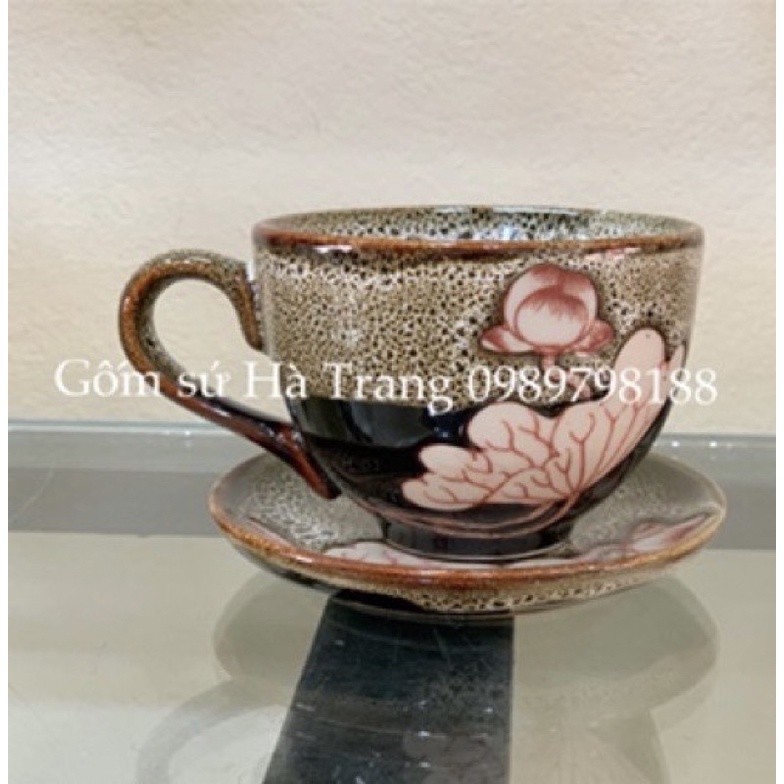 Set cốc đĩa capuchino gốm sứ Bát Tràng cao cấp men hoả biến gấm khắc sen chìm