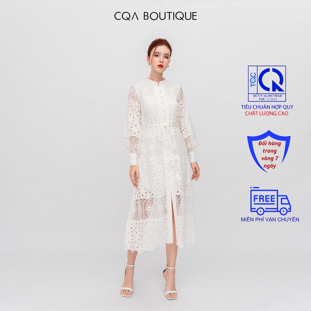 Đầm Ren Trắng Tiểu Thư Tay Dài Cao Cấp thương hiệu CQA BOUTIQUE CQA00109