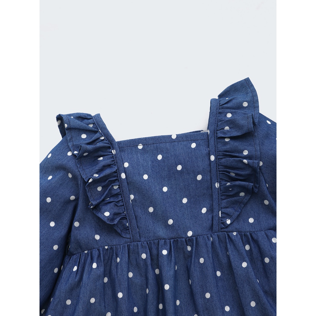 Đầm Mikrdoo thời trang tay dài phối bèo họa tiết chấm bi in đáng yêu dành cho bé gái sơ sinh