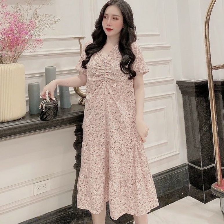 Váy bầu cổ tim rúm ngực M265 chất lụa hoa freesize từ 45 đến 70kg