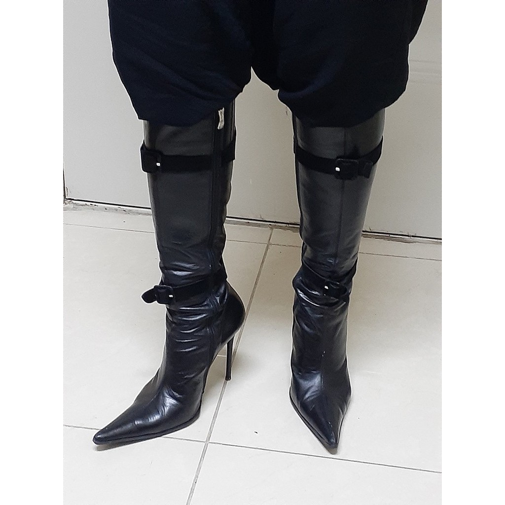 Giày Boots Bốt Ý Cao Gót Ngang Gối Da Thật