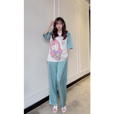Đồ bộ mặc nhà nữ pyjama bigsize Bộ Lụa LATIN quần dài tay ngắn in 3D nhiều hình dễ thương. | BigBuy360 - bigbuy360.vn