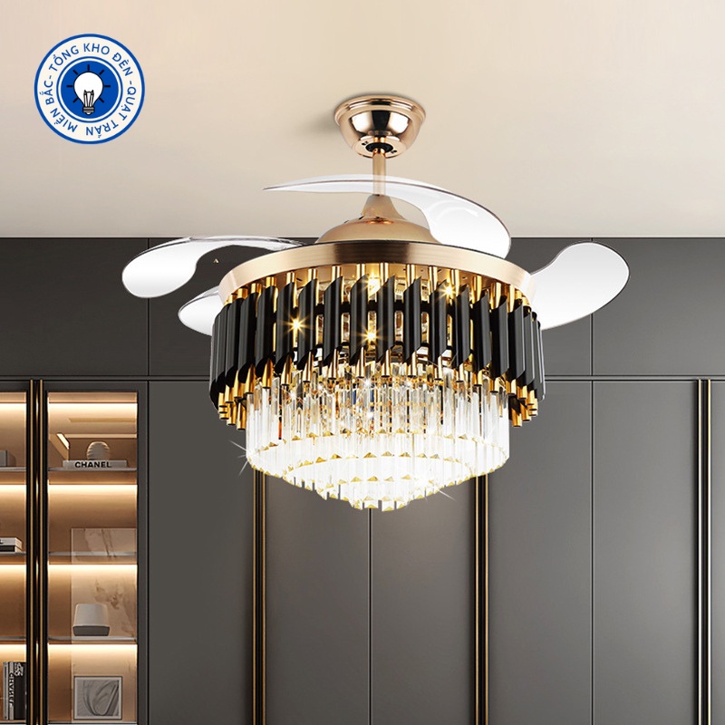 Quạt Trần, Quạt Trần Đèn Pha Lê Vàng Đen Trang Trí Phòng Khách Sang Trọng_BẢO HÀNH 10 NĂM
