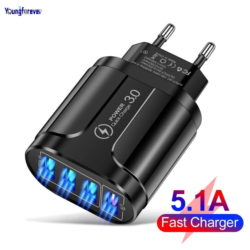 Củ Sạc Nhanh QC 3.0 4 Cổng USB Gắn Tường Cho Điện Thoại Thông Minh EU/US