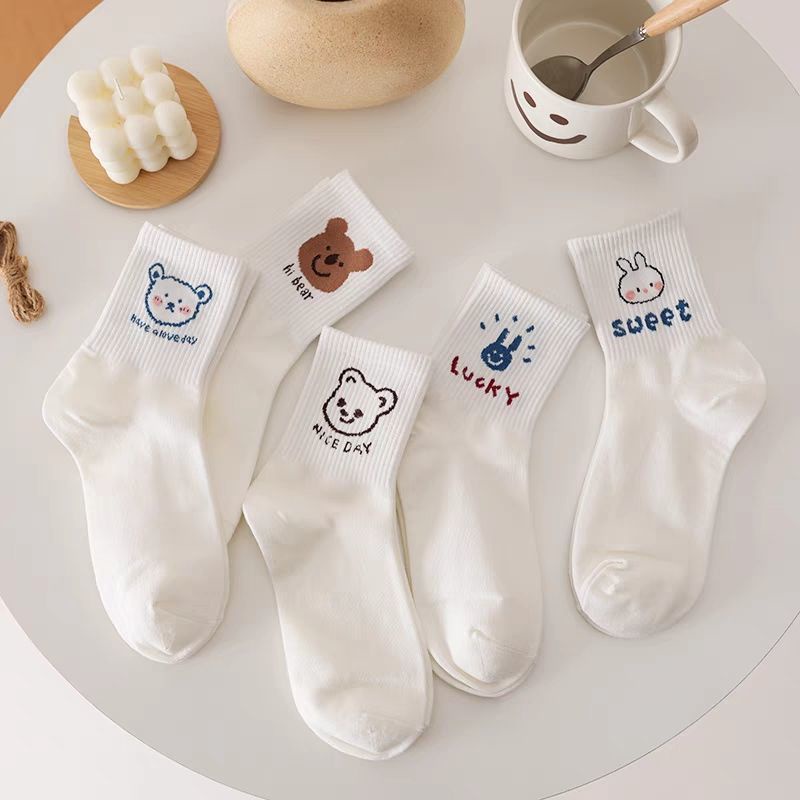 Tất nữ cổ vừa (5 đôi) màu trắng nhiều hình cute De Luna T004