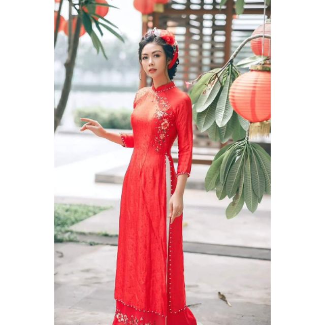 Áo dài gấm 4tà đỏ, trắng, hồng