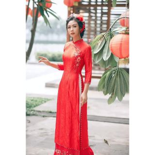 Áo dài gấm 4tà đỏ, trắng, hồng