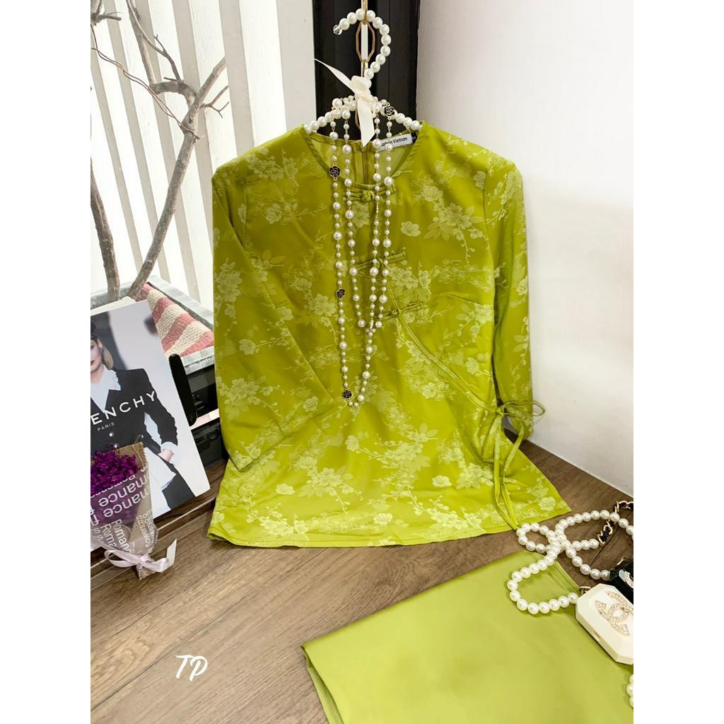 Bộ lam đi chùa nữ cổ tròn khuy chéo thắt nơ Pháp phục đi chùa cao cấp Bộ lễ phục lễ chùa lụa vân hoa, thanh lịch