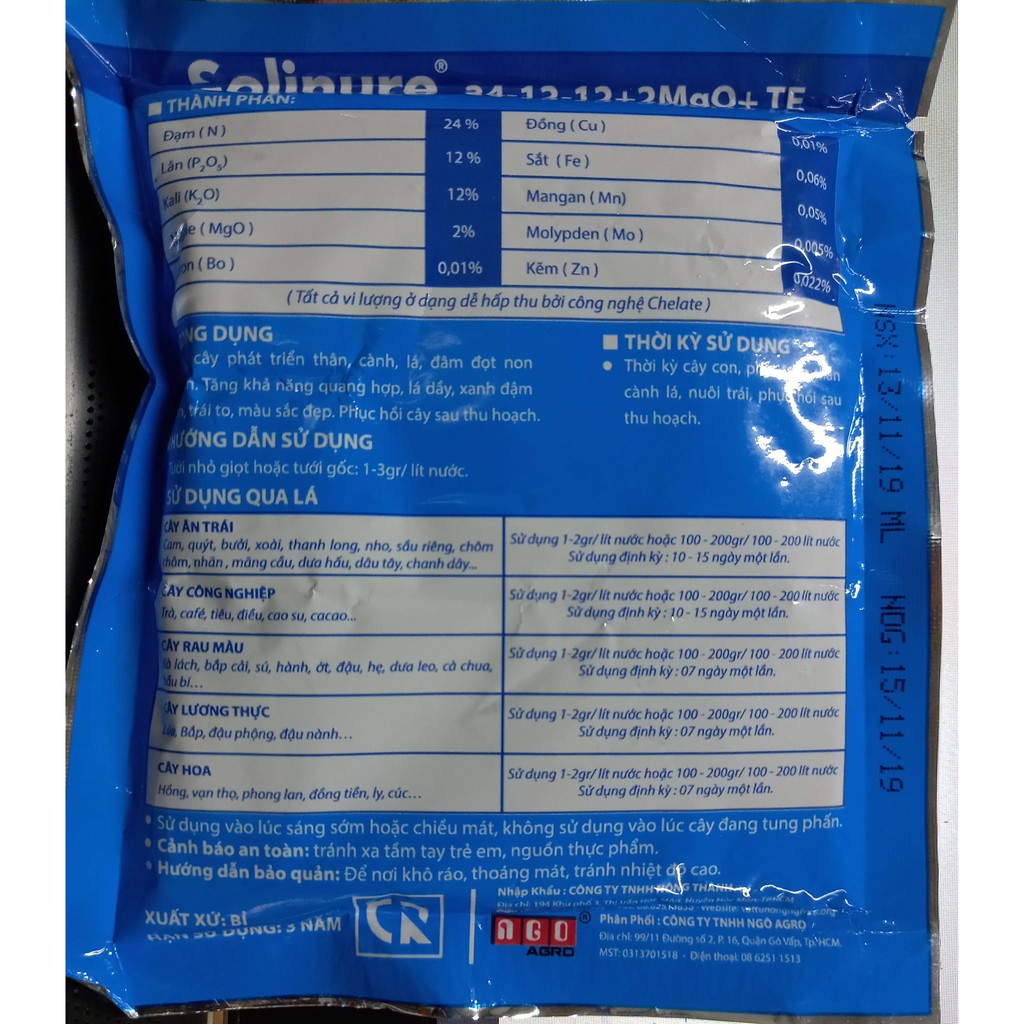 Phân bón rau, hoa, cây cảnh Solinure 24-12-12 + 2MgO + TE gói 100g