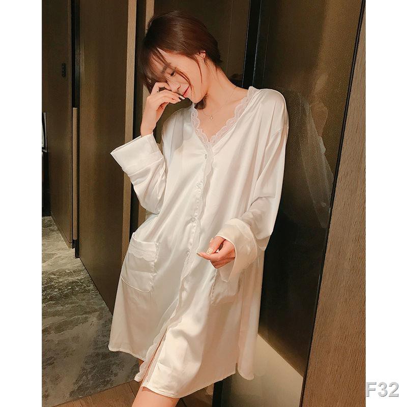 > Ice pyjama nữ mỏng cổ V áo sơ mi trắng gợi cảm Kiểu dáng dài có thể mặc bên ngoài Váy ngủ lụa ngọt <A