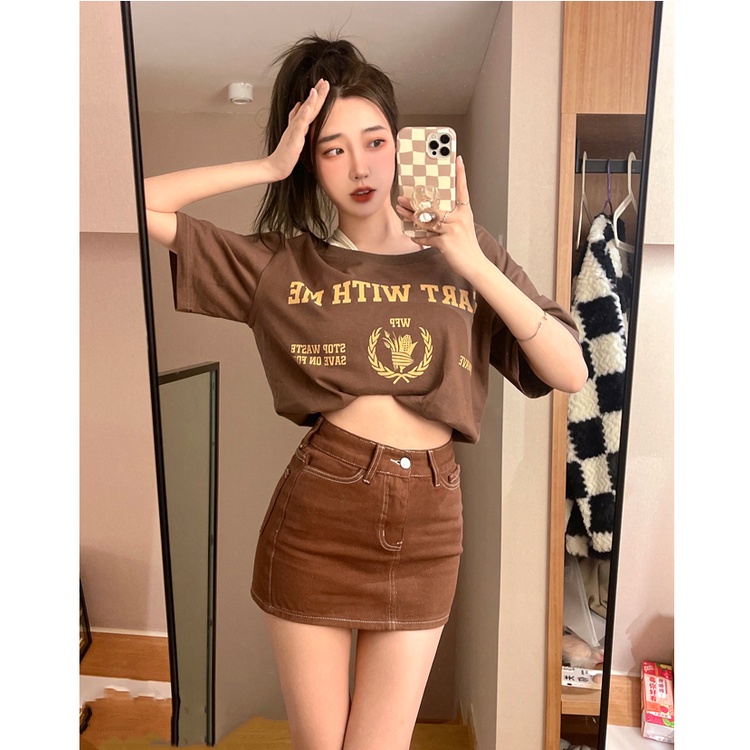 Porozi  Áo kiểu croptop tay ngắn in họa tiết phong cách Hàn Quốc vintage thời trang dành cho nữ