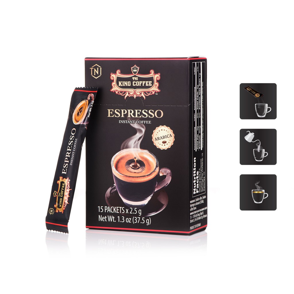 Cà Phê Đen Hòa Tan Espresso KING COFFEE - Hộp 15 gói x 2.5g - Arabica café hòa tan đậm hương vị cà phê Ý