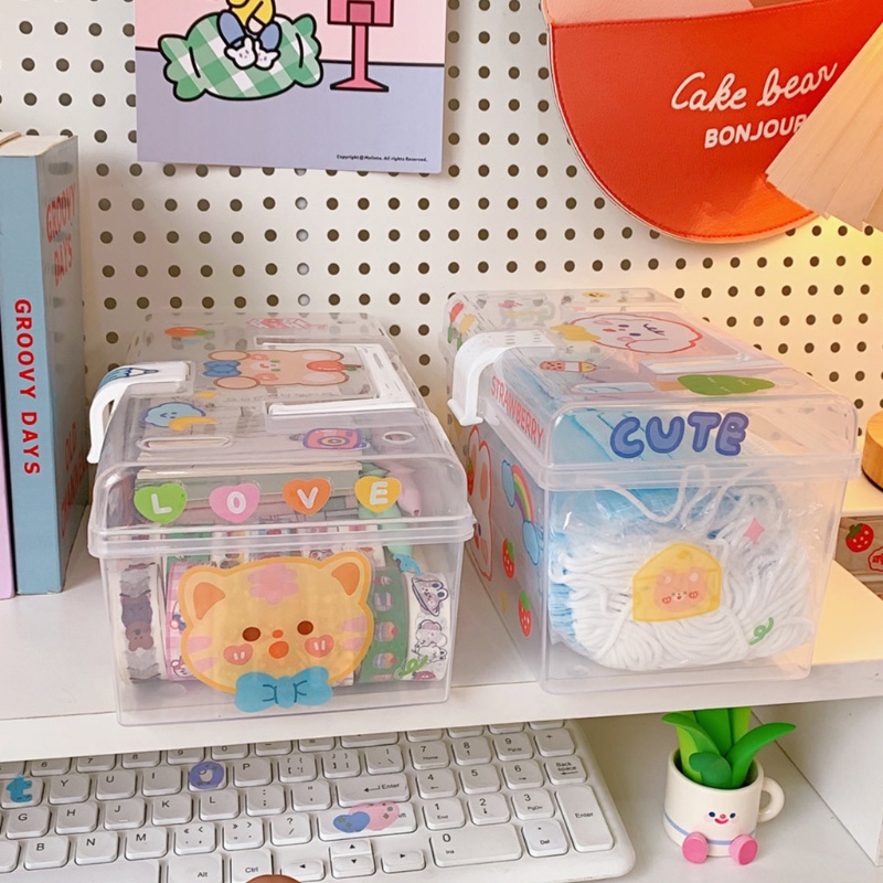 Hộp Đựng Mỹ Phẩm Bằng Nhựa Trong Suốt Sức Chứa Lớn Họa Tiết Hoạt Hình Dễ Thương