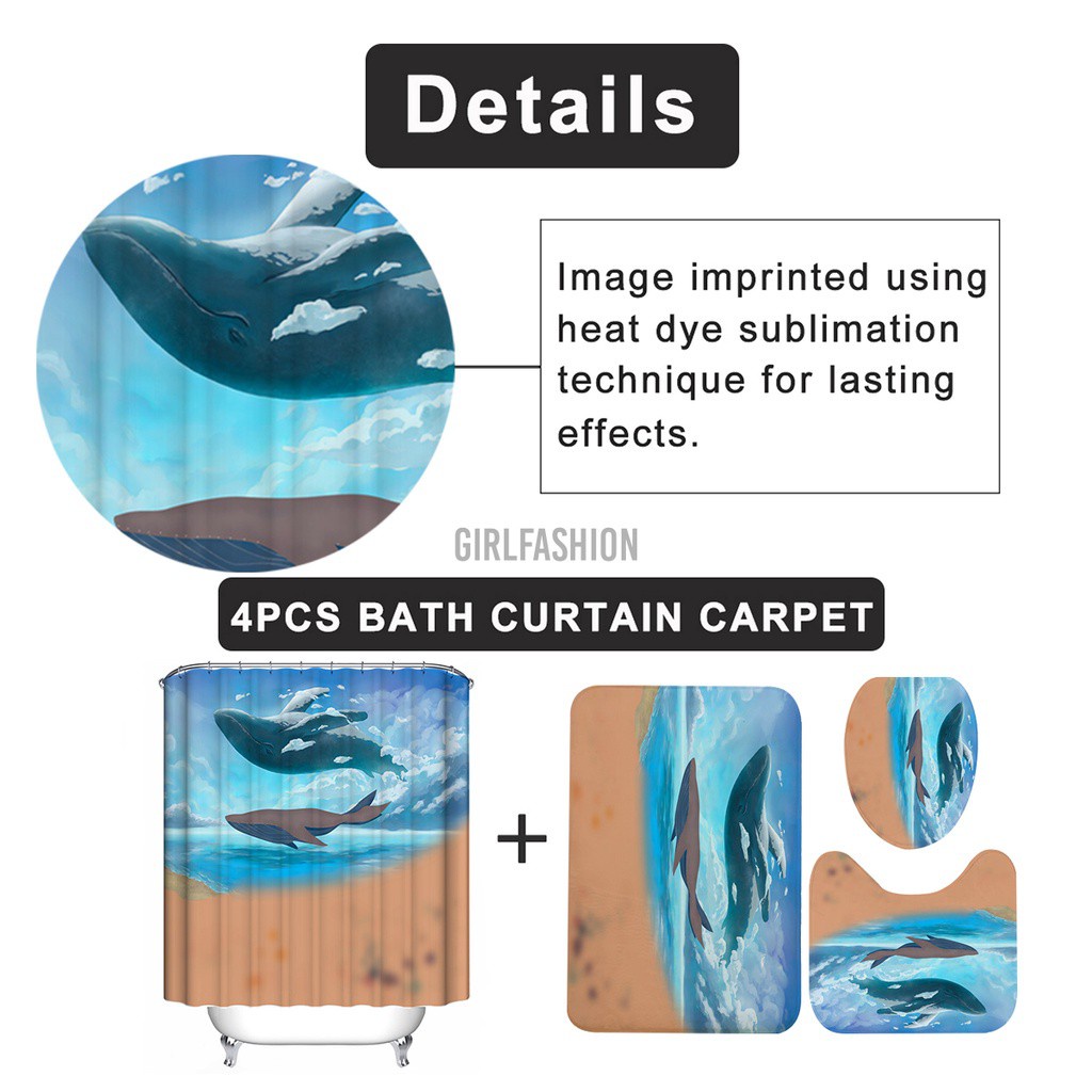 Dolphin Ocean Waterproof Bathroom Shower Curtain Beach Toilet Cover Mat Rug Set