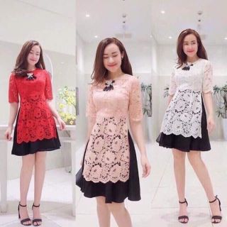 Sét bộ áo dài cách tân ren tay lỡ phối chân váy xòe