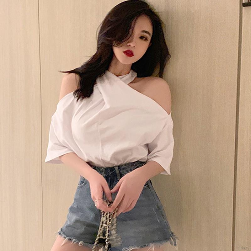 Áo thun không tay màu trơn thiết kế hở vai cổ yếm quyến rũ phong cách Hàn Quốc dành cho nữ