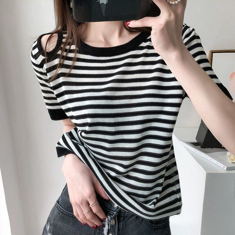 Áo Thun Tay Ngắn Hở Vai Họa Tiết Sọc Ngang Thời Trang Dành Cho Nữ
