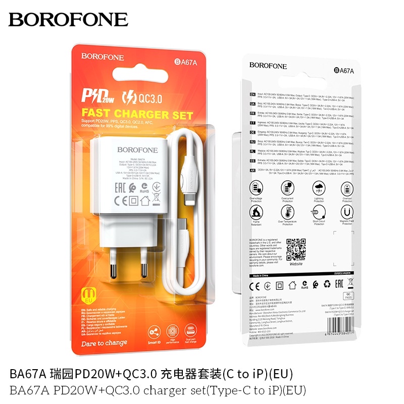 Bộ Sạc Nhanh 20W QC3.0 Borofone BA67A, Thích Hợp Sử Dụng Cho IP X Trở Lên Và Các Dòng Điện Thoại Có Hỗ Trợ Sạc Nhanh.
