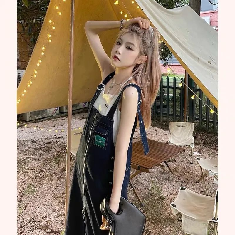 Đầm Yếm Denim Dáng Rộng Phong Cách Retro Thời Trang Mùa Hè Dành Cho Nữ
