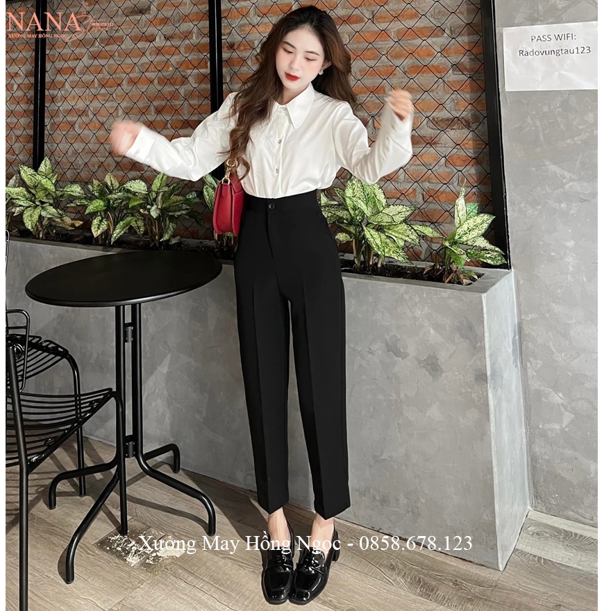 Quần tây đi học nữ lưng cao ống đứng dáng dài màu Xanh Đen - Quần vải đen đi học cạp cao co giãn nhẹ