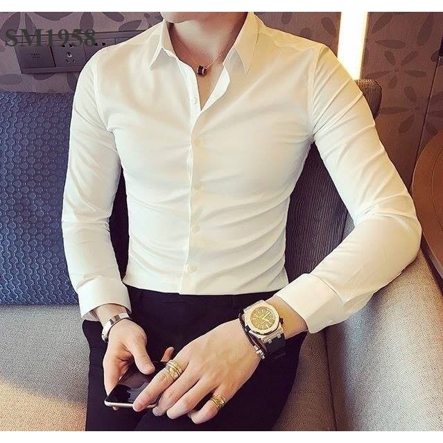 áo sơ mi trắng trơn Cao Cấp SM1958,thấm hút mồ hôi, không xù,mềm mượt vải chống thấm mồ hôi rất sang trọng,100% ảnh thật