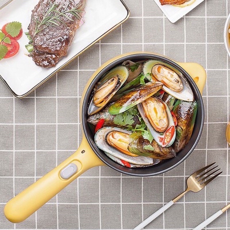 Nồi điện mini đa năng, ca nấu mỳ, chiên xào lẩu hấp Bear màu vàng,  bảo hành 1 năm.