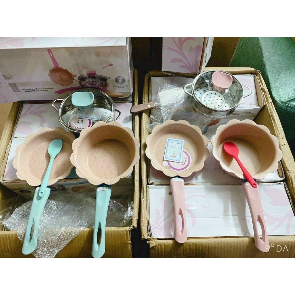 [ BẢO HÀNH 12 THÁNG ] Bộ Nồi Chảo Đá Hình Hoa Cho Bé Ăn Dặm Cao Cấp Chống Dính Kèm Lồng Hấp Babibu