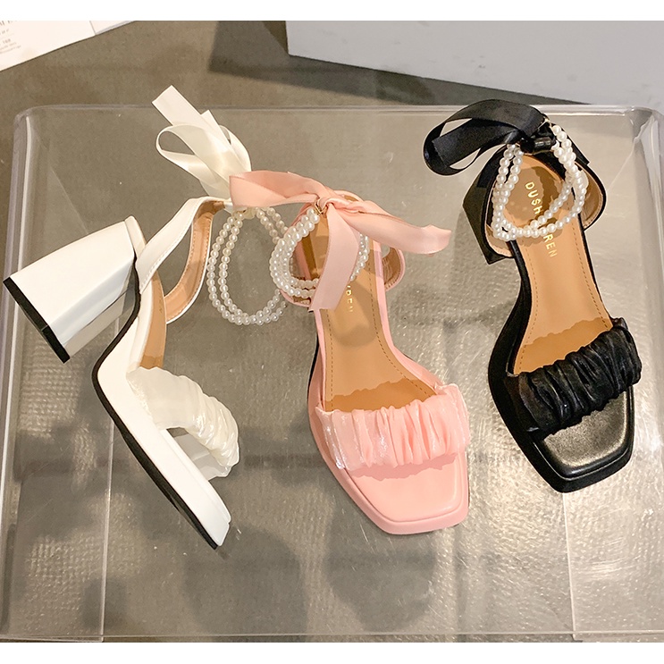 Giày sandal cao gót cột dây đính ngọc trai giả chống trượt thời trang mùa hè 2022 dành cho nữ