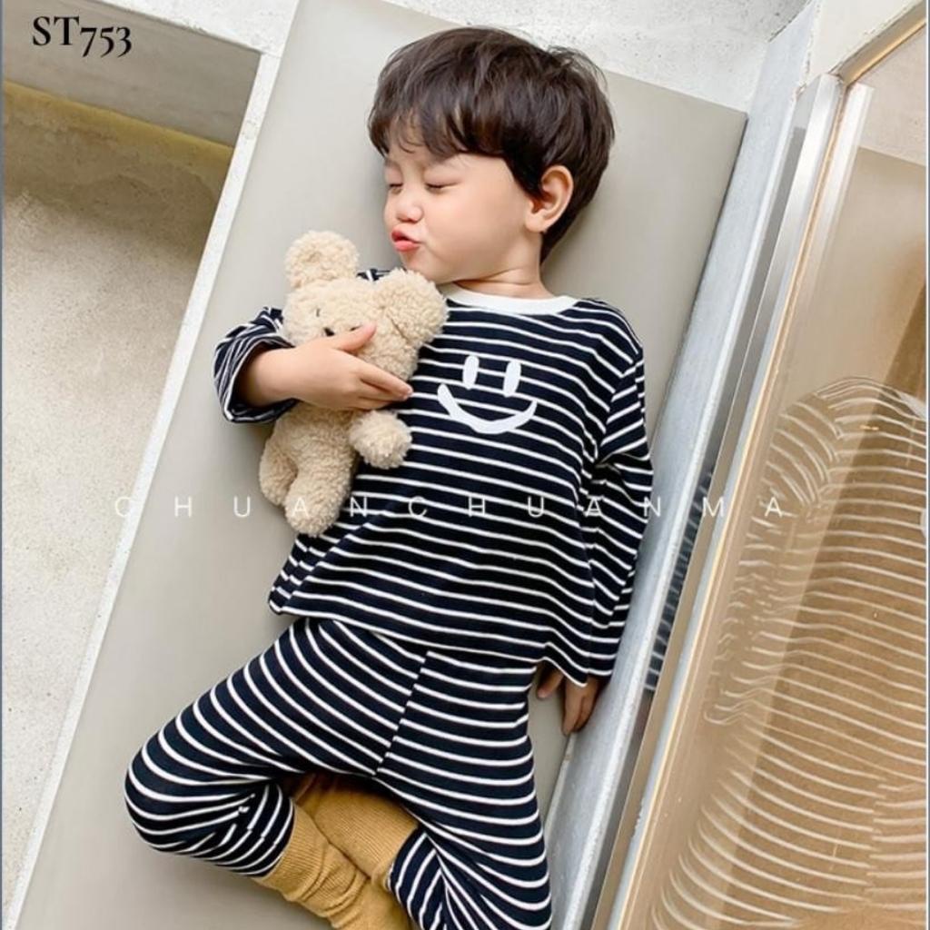 Đồ Bộ Dài Tay Bé Trai, Bé Gái MK KID Vải Cotton Lạnh Sọc Cười Dễ Thương, Bộ Mặc Nhà Cho Bé 6-18kg