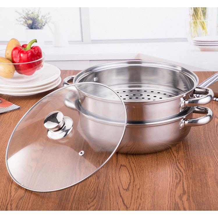 NỒI HẤP 2 TẦNG INOX ĐƯỜNG KÍNH 28CM, CAO 21.5 CM CÓ VUNG KÍNH