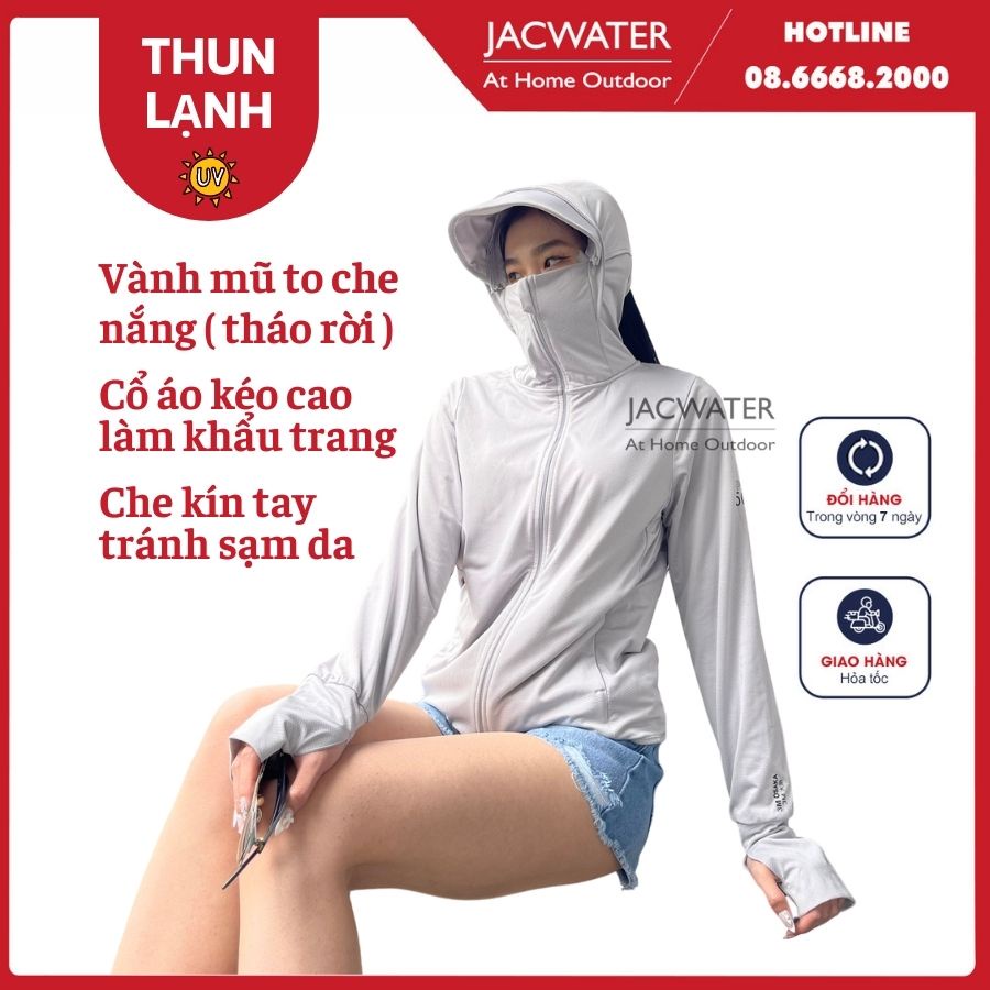 Áo chống nắng nữ 2 lớp dày dặn thun lạnh có vành mũ cản tia uv tháo rời JACWATER V390