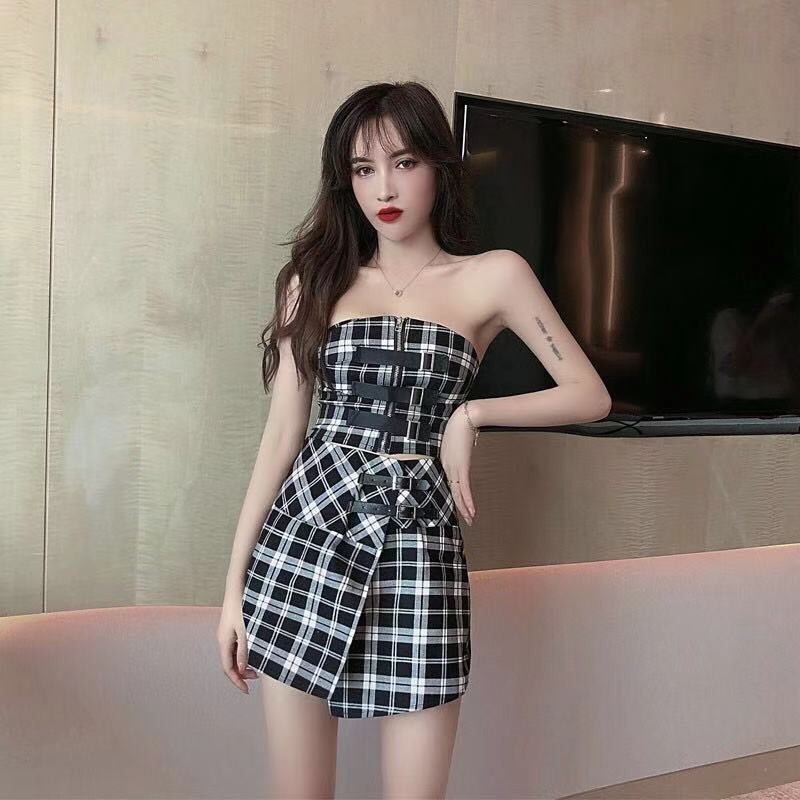 Blackpink jennie Set Áo Ống Sát Nách Dáng Lửng Và Chân Váy Họa Tiết Caro Thời Trang Cho Nữ | BigBuy360 - bigbuy360.vn