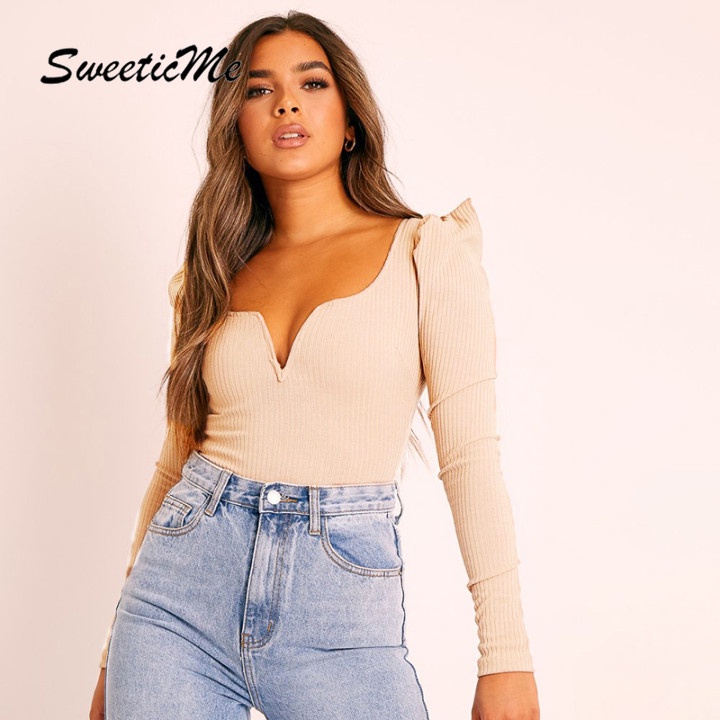 Bodysuit SweeticMe Màu Trơn Tay Phồng Dài
