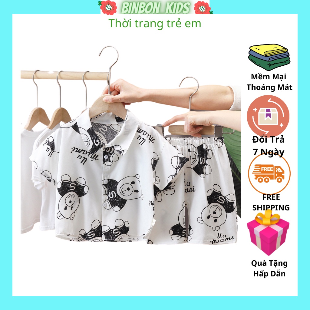 Quần áo bé trai BINBON KÍDS, Bộ cộc tay bé trai chất lụa cao cấp in hình Gấu cực yêu cho bé từ 8-28kg BSM06