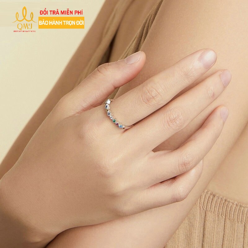 Nhẫn bạc nữ đơn giản đẹp đính đá cao cấp S925 Ý QMJ Rainbow ring - Q801