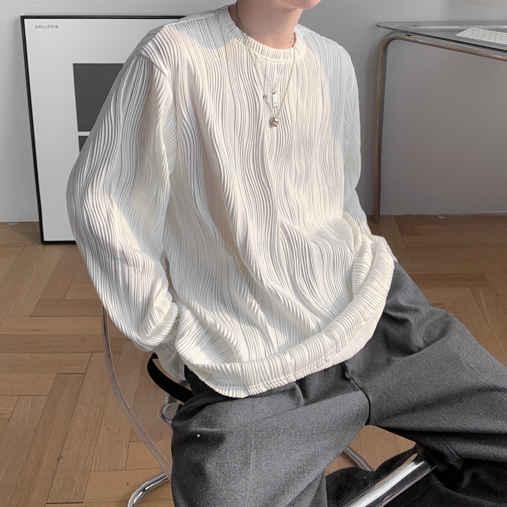 ♞AFF LIGA♞ Áo sweatshirt dáng rộng tay dài cổ tròn màu trơn phong cách Harajuku hiphop đường phố Hàn Quốc thời trang cho nam