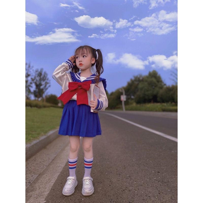 Set Áo Thủy Thủ Mặt Trăng + Chân Váy Xếp Ly Phong Cách Hàn Quốc Mới Cho Bé Gái