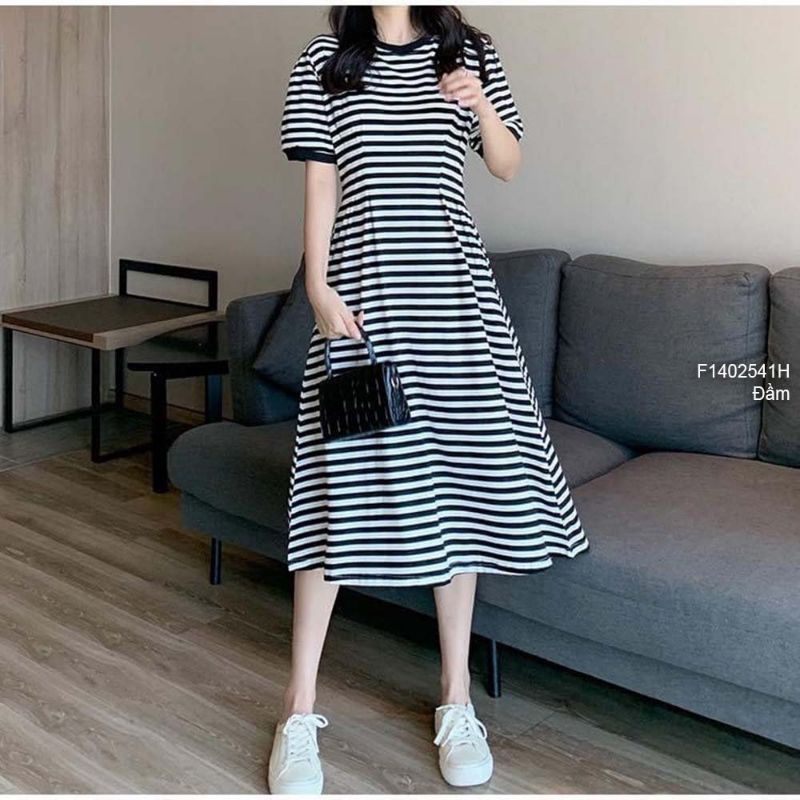 Đầm thun sọc chữ A dáng xòe cổ tròn tay ngắn viền 1402