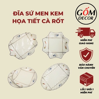 Đĩa sứ Bát Tràng họa tiết cà rốt dễ thương, đĩa đựng đồ ăn men kem cao cấp, đa dạng nhiều mẫu