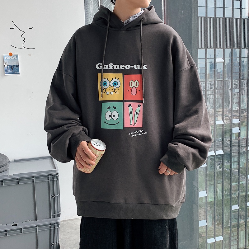 Áo hoodie tay dài dáng rộng size lớn in hình vẽ hoạt họa dễ phối đồ thời trang xuân thu phong cách Hồng Kông cho nam