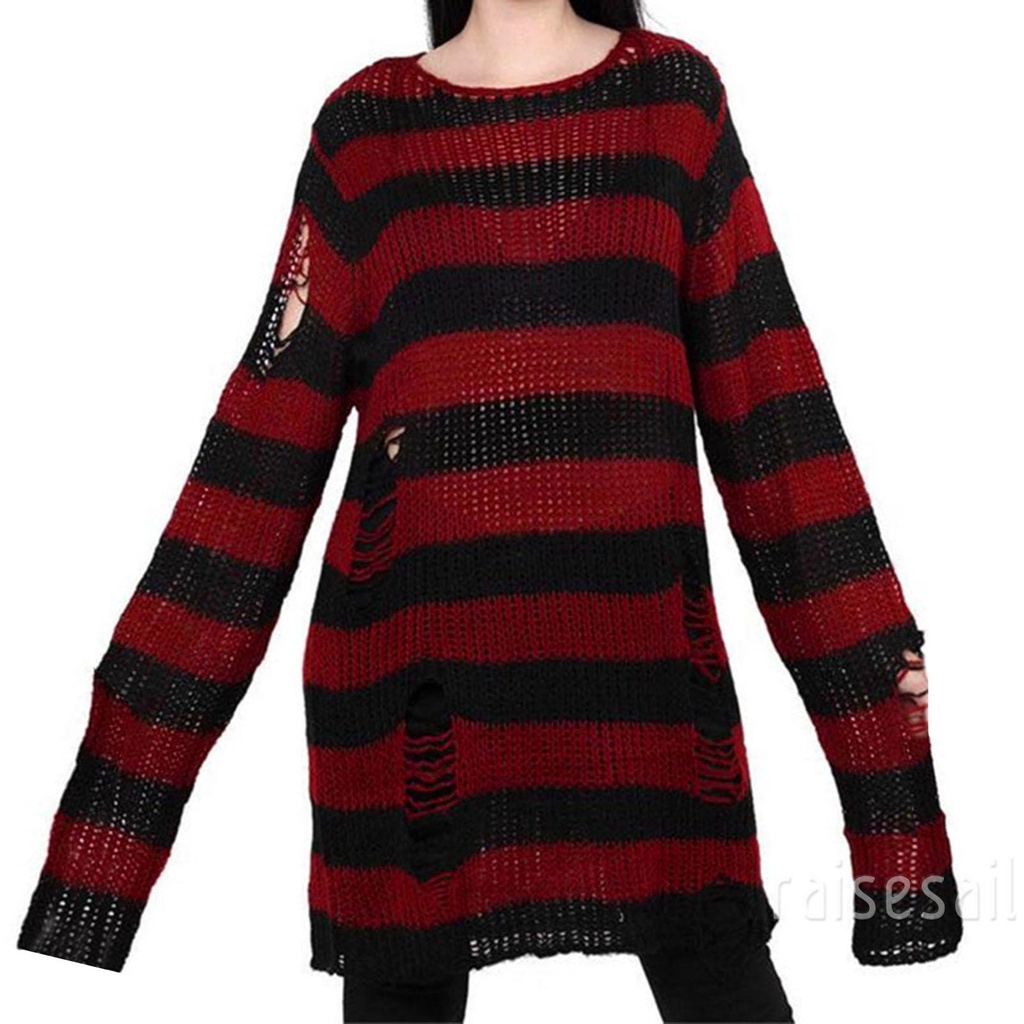 Áo sweater dệt kim dài tay cổ tròn họa tiết kẻ sọc phối màu thiết kế dễ thương cho nữ
