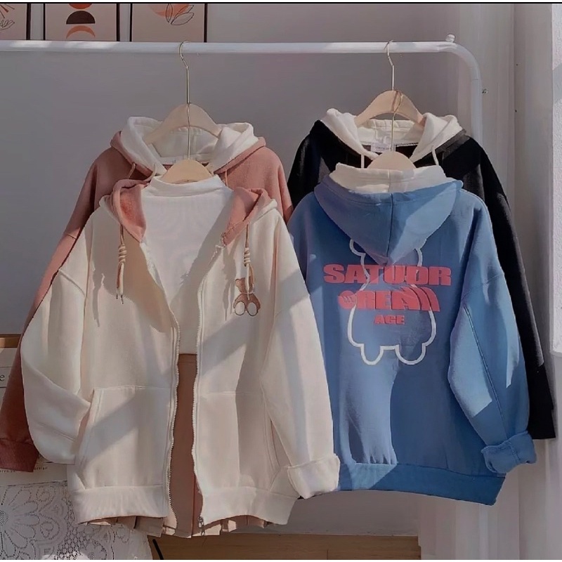 Áo khoác hoodie form rộng, Áo khoác chống nắng in hai mặt Gấu